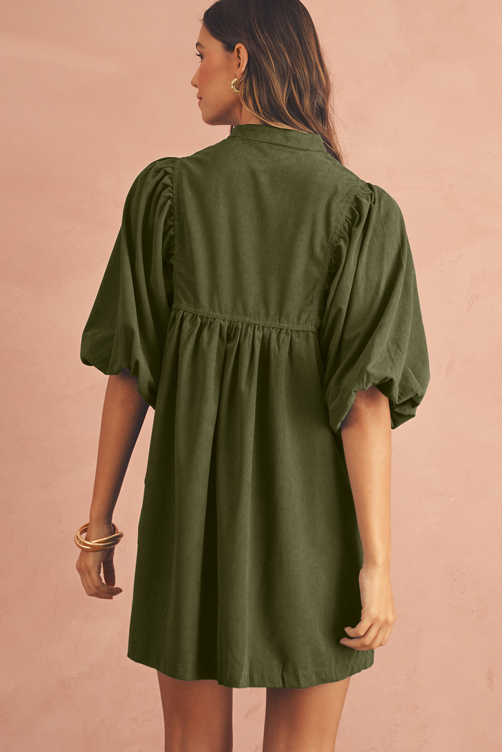 Vineyard Green Snap Button Empire Waist Lantern Sleeve Corduroy Dress