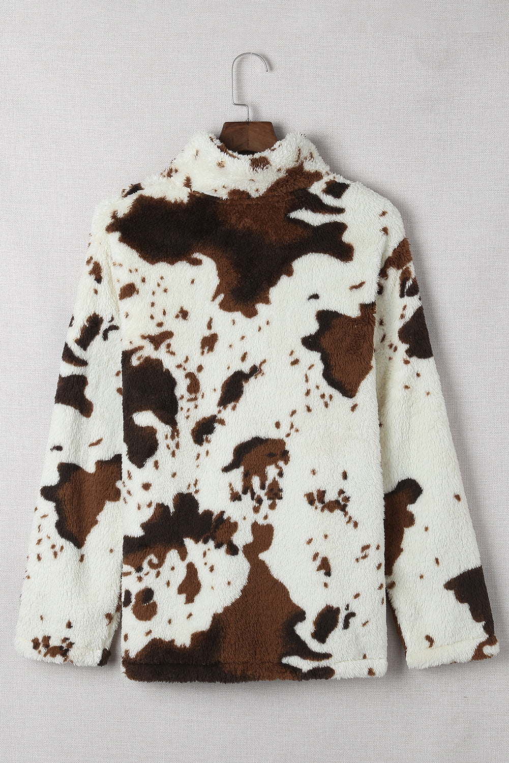 White Animal Print Zipper Collared Pocketed Sweatshirt