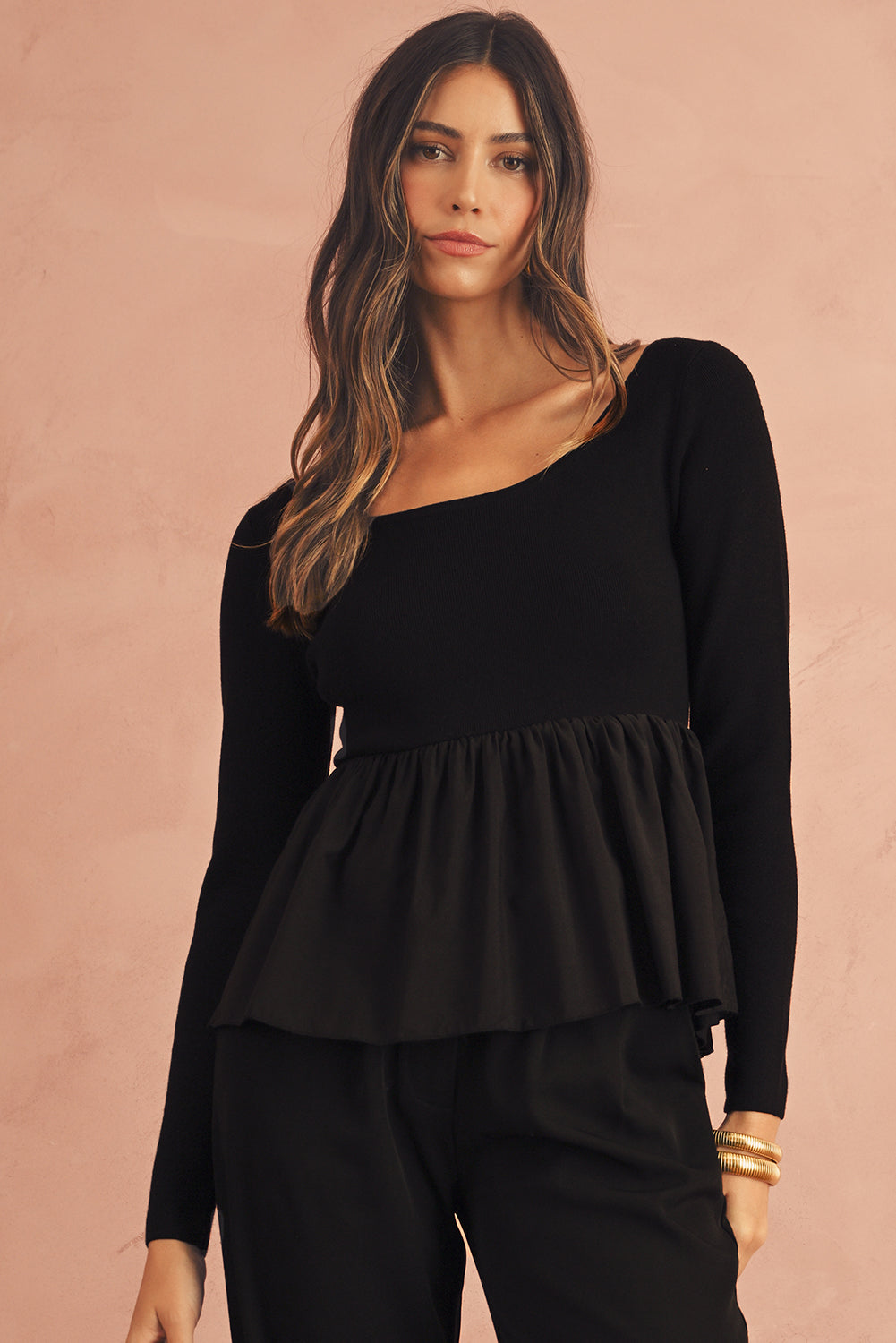 Black Pleated Hem Long Sleeve Ribbed Knit Top