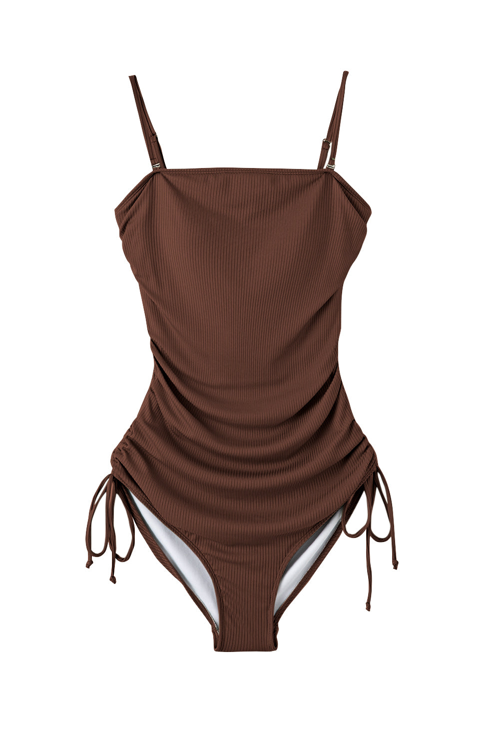 Coffee Side Drawstring Cutout Ribbed One Piece Swimsuit