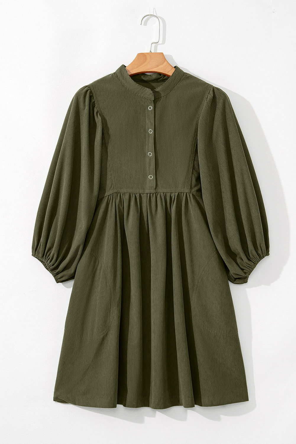 Vineyard Green Snap Button Empire Waist Lantern Sleeve Corduroy Dress