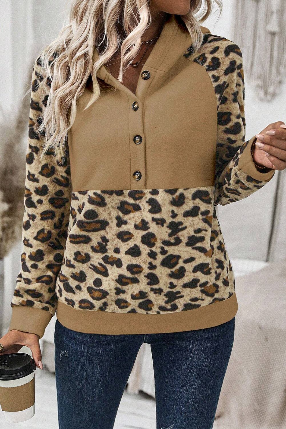 Light Beige Leopard Patchwork Raglan Sleeve Half Buttons Hoodie