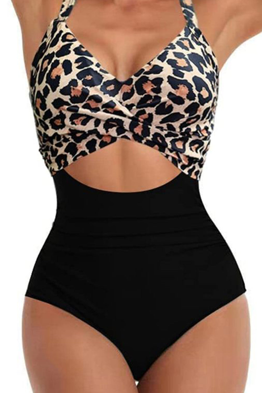 Black Leopard Print V Neck One Piece Swimsuit