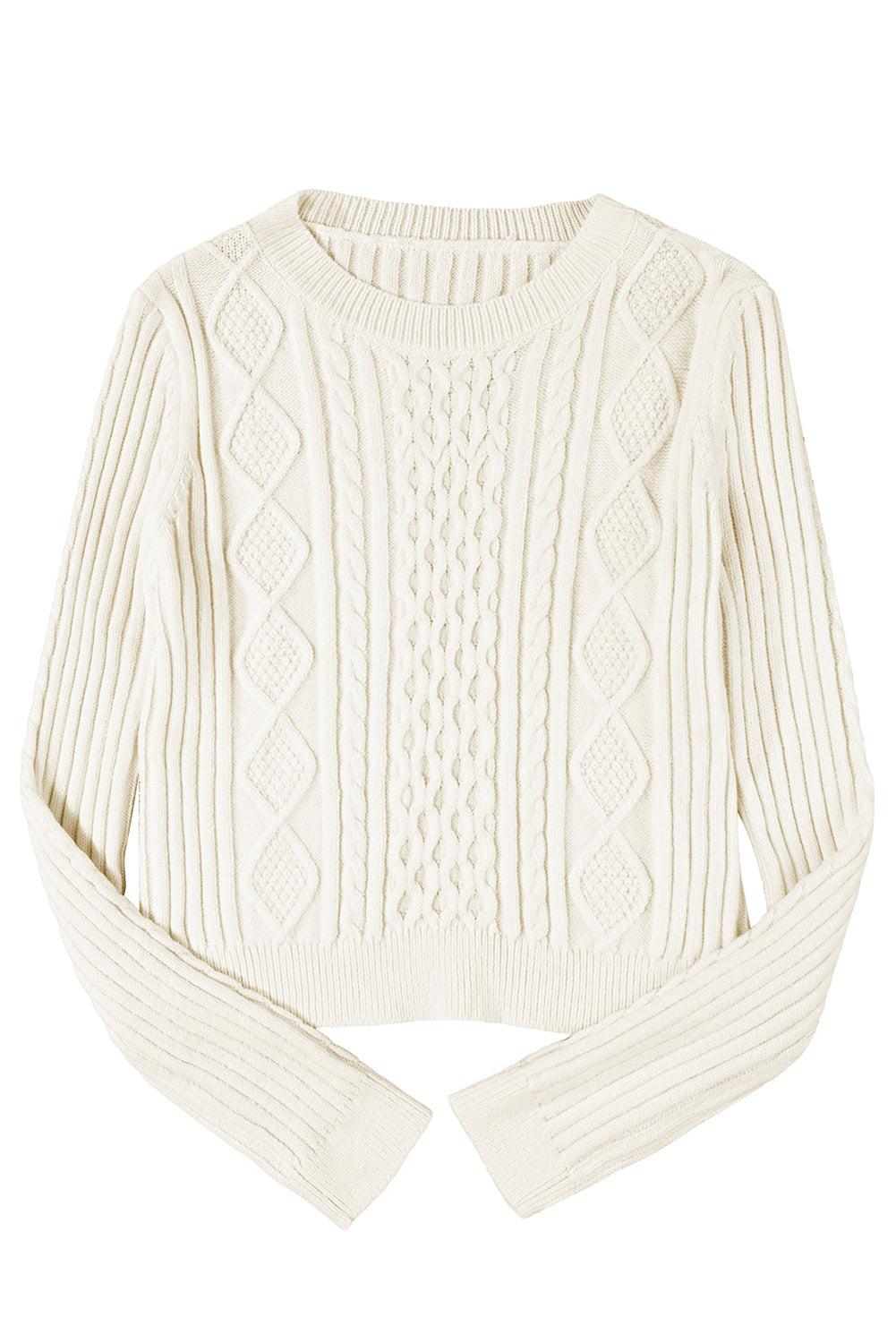 White Solid Color Cable Knit Cropped Sweater