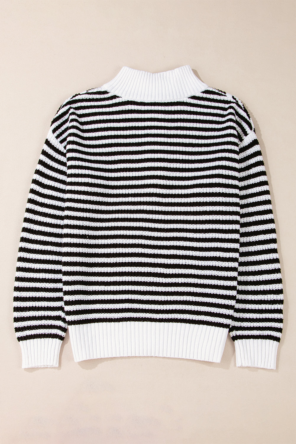 Khaki Stripe Zip Up Collar Drop Sleeve Sweater