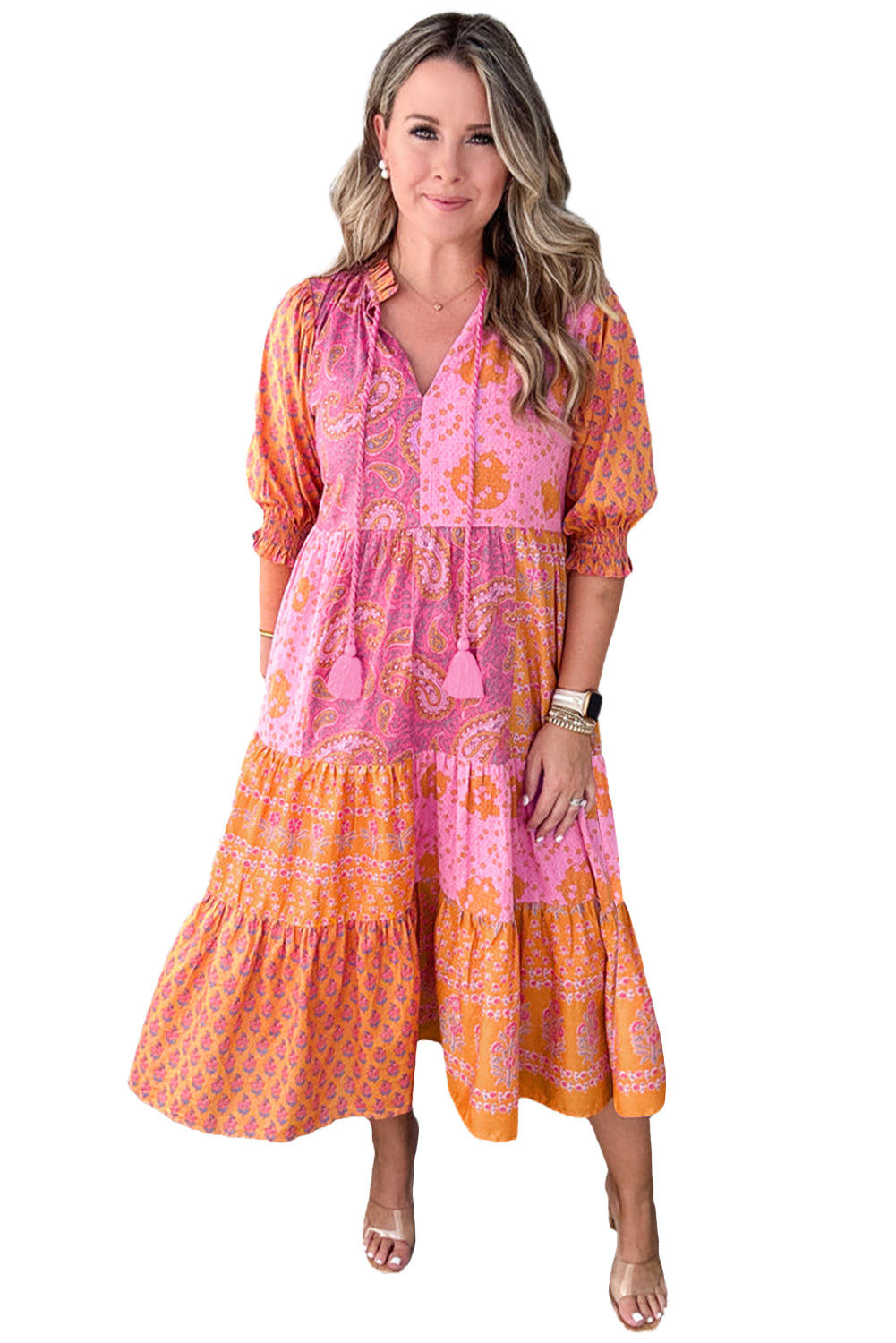 Pink Boho Paisley Floral Patchwork Tassel Tie Plus Size Midi Dress