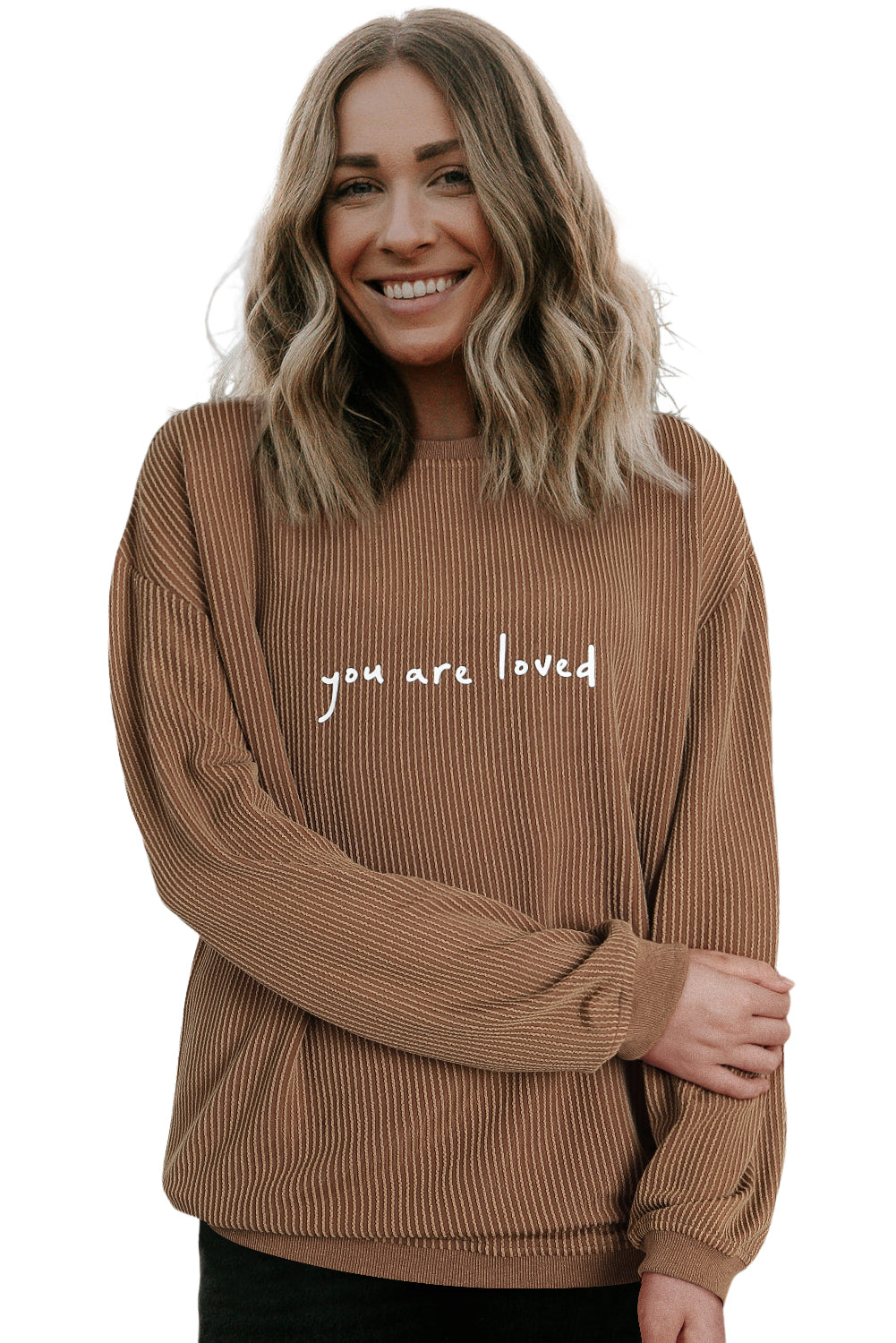 Khaki You Are Loved Print Crinkle Rib Sweatshirt