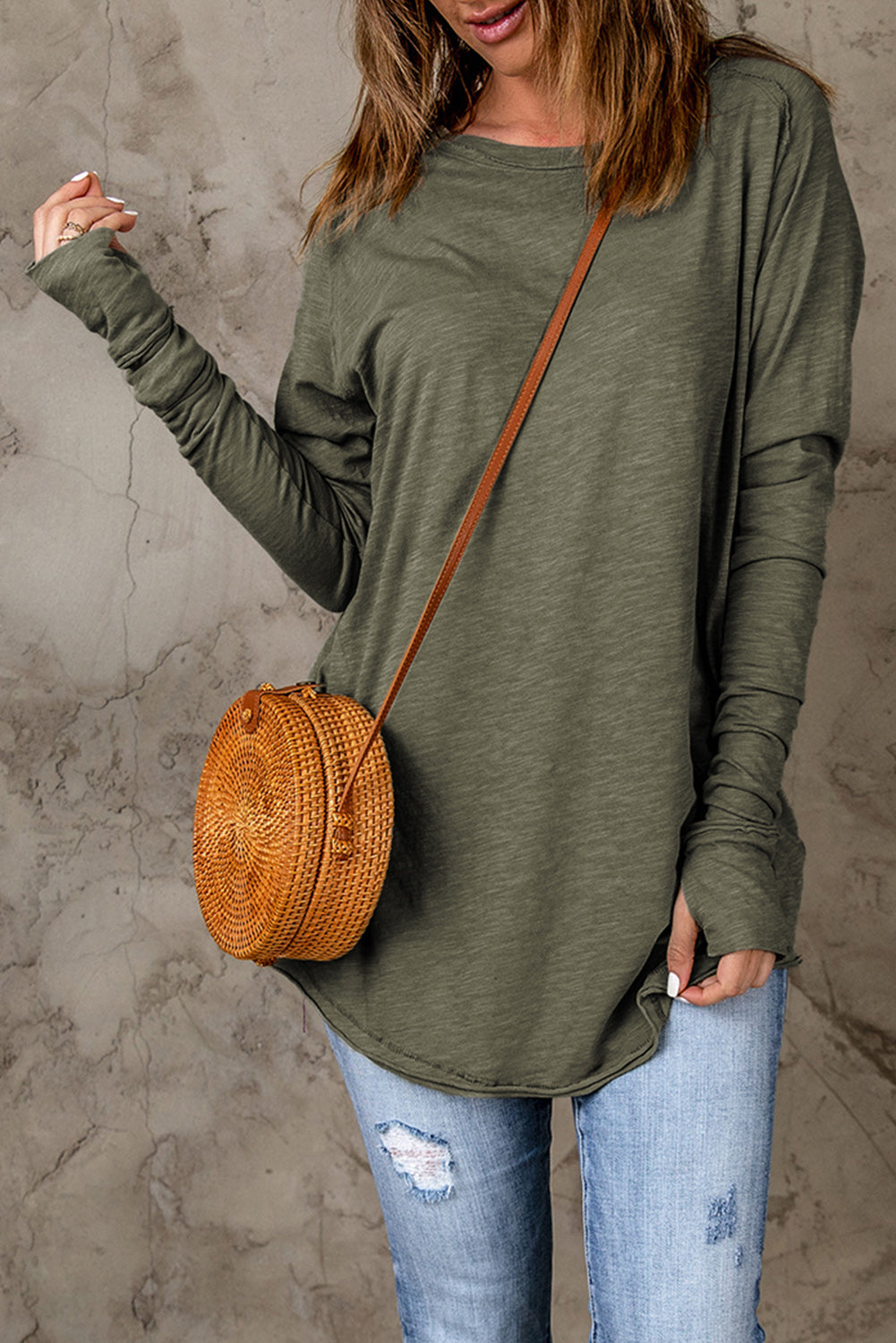 Green Plain Solid Casual Thumbhole Long Sleeve Top