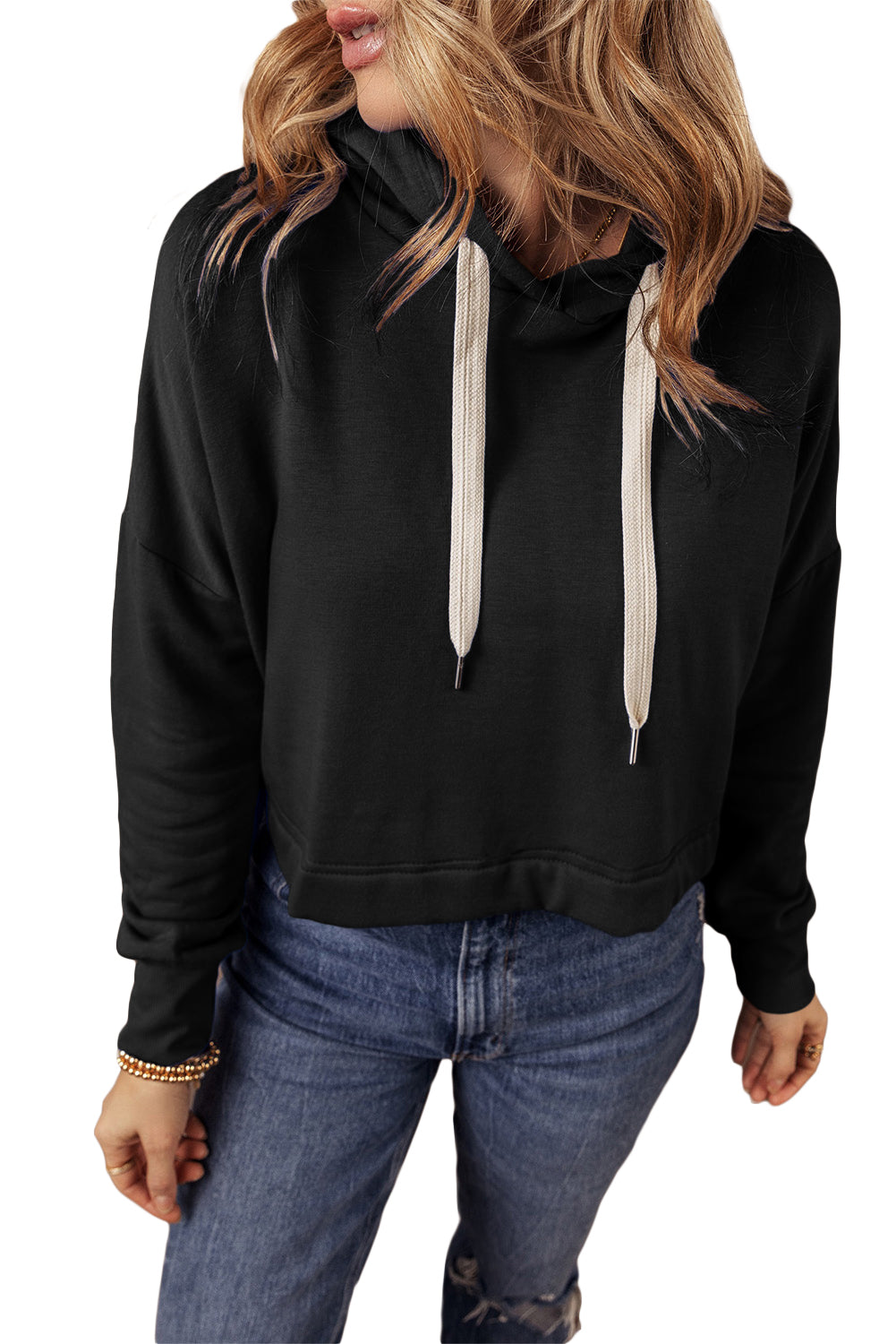 Black Drop Shoulder Drawstring Cropped Hoodie