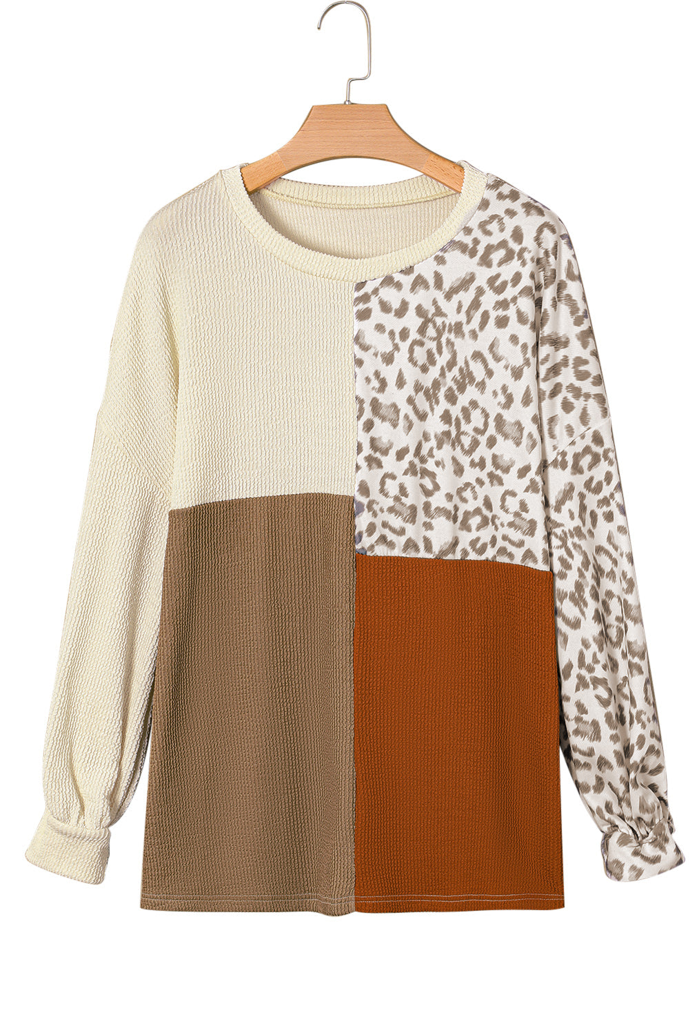 Khaki Ribbed Color Block Leopard Splicing Plus Size Top