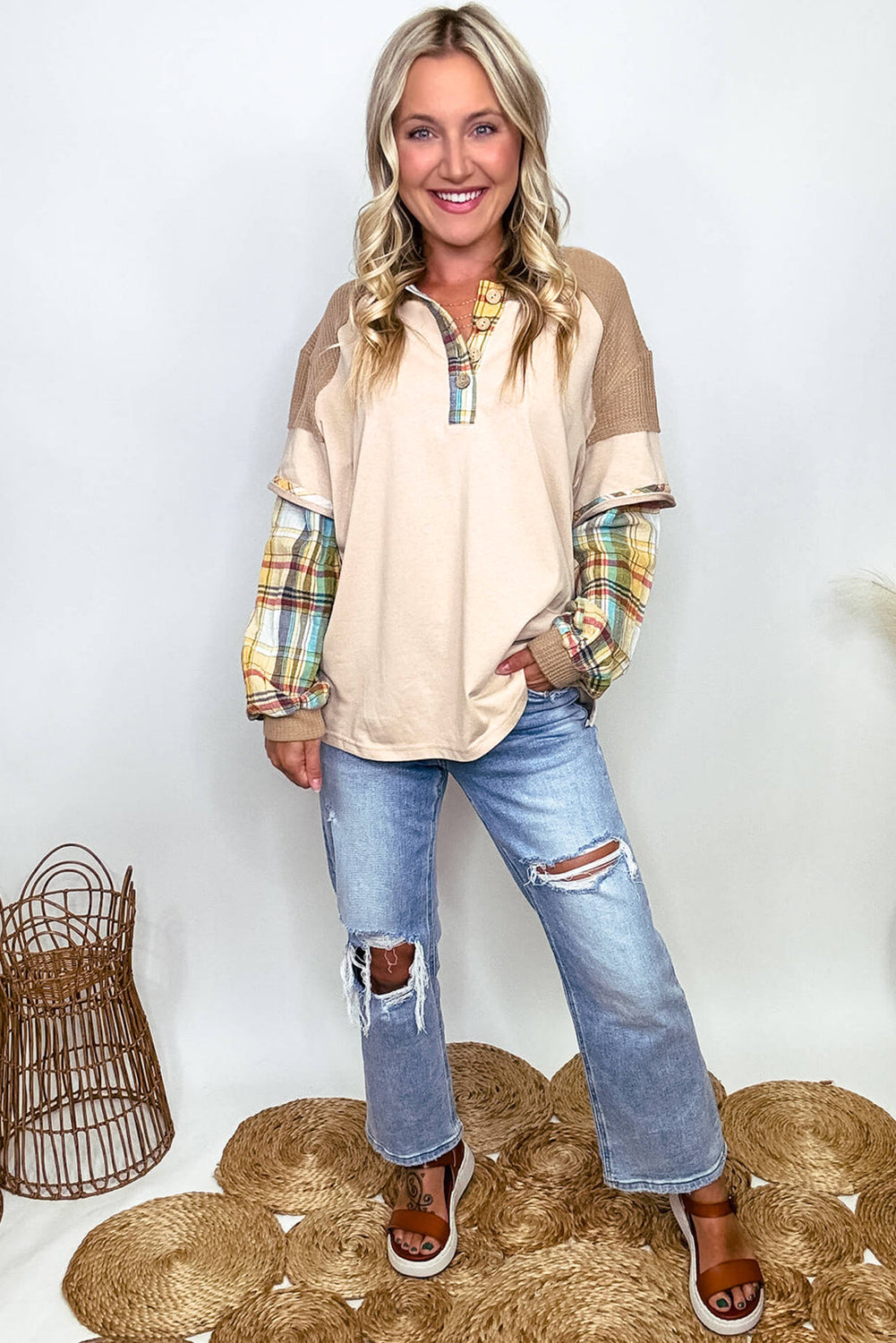 Parchment Plus Size Plaid Waffle Patchwork Henley Top