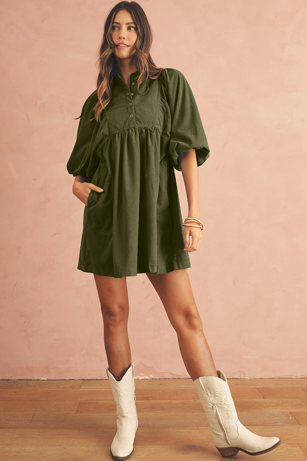 Vineyard Green Snap Button Empire Waist Lantern Sleeve Corduroy Dress