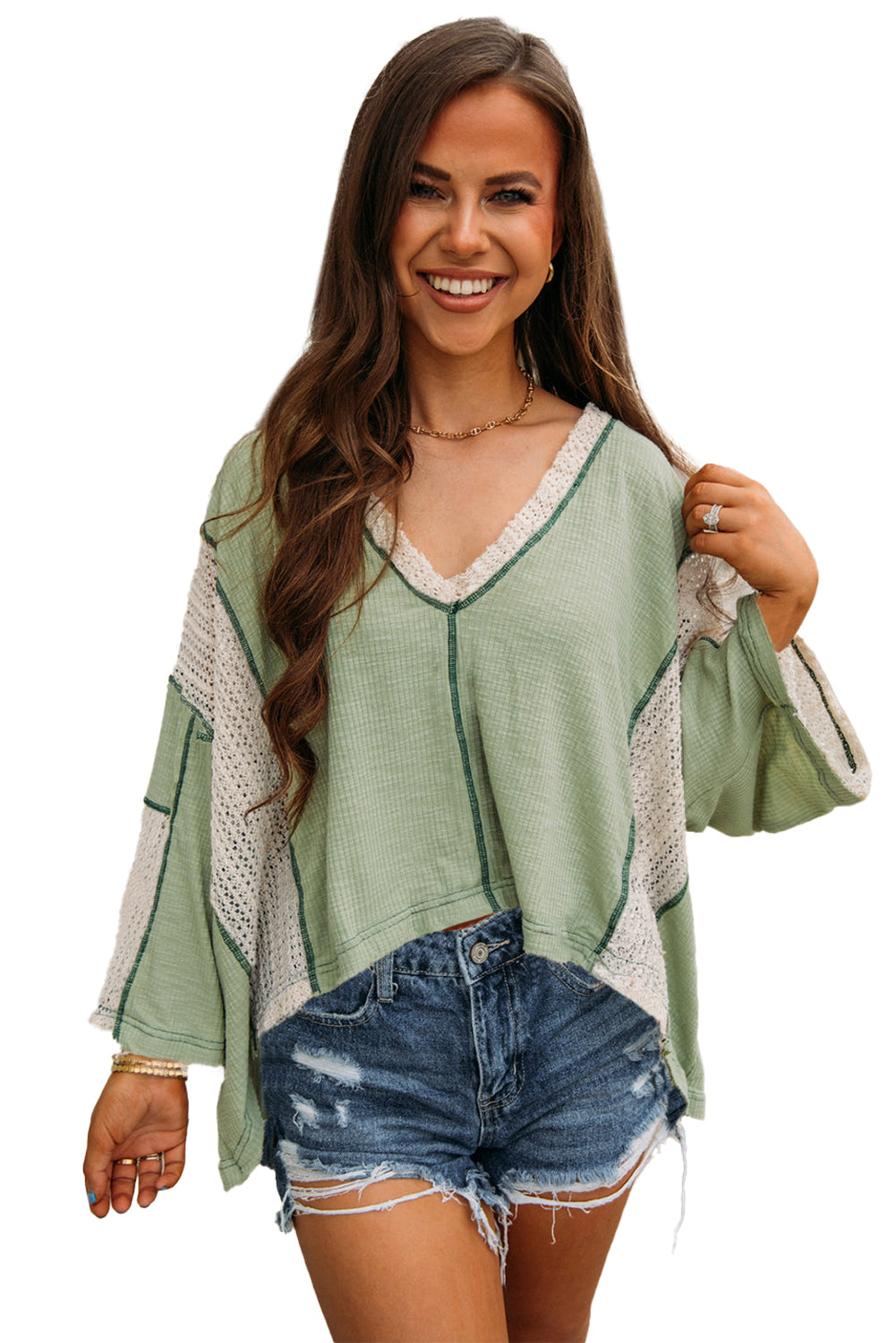 Ashleigh Blue Crochet Patchwork Exposed Seam High Low Loose Top