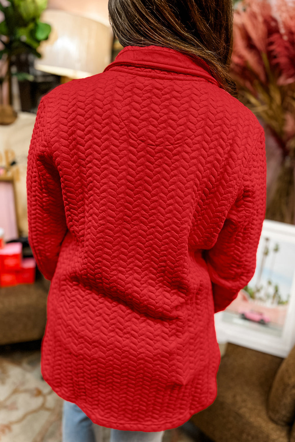 Tomato Red Textured Quarter Zip Plus Size Pullover