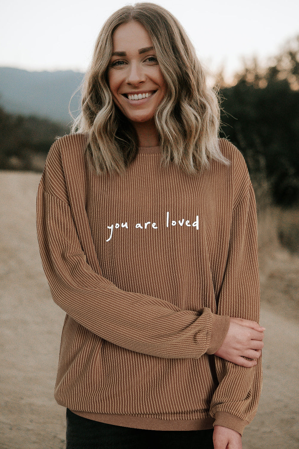 Khaki You Are Loved Print Crinkle Rib Sweatshirt