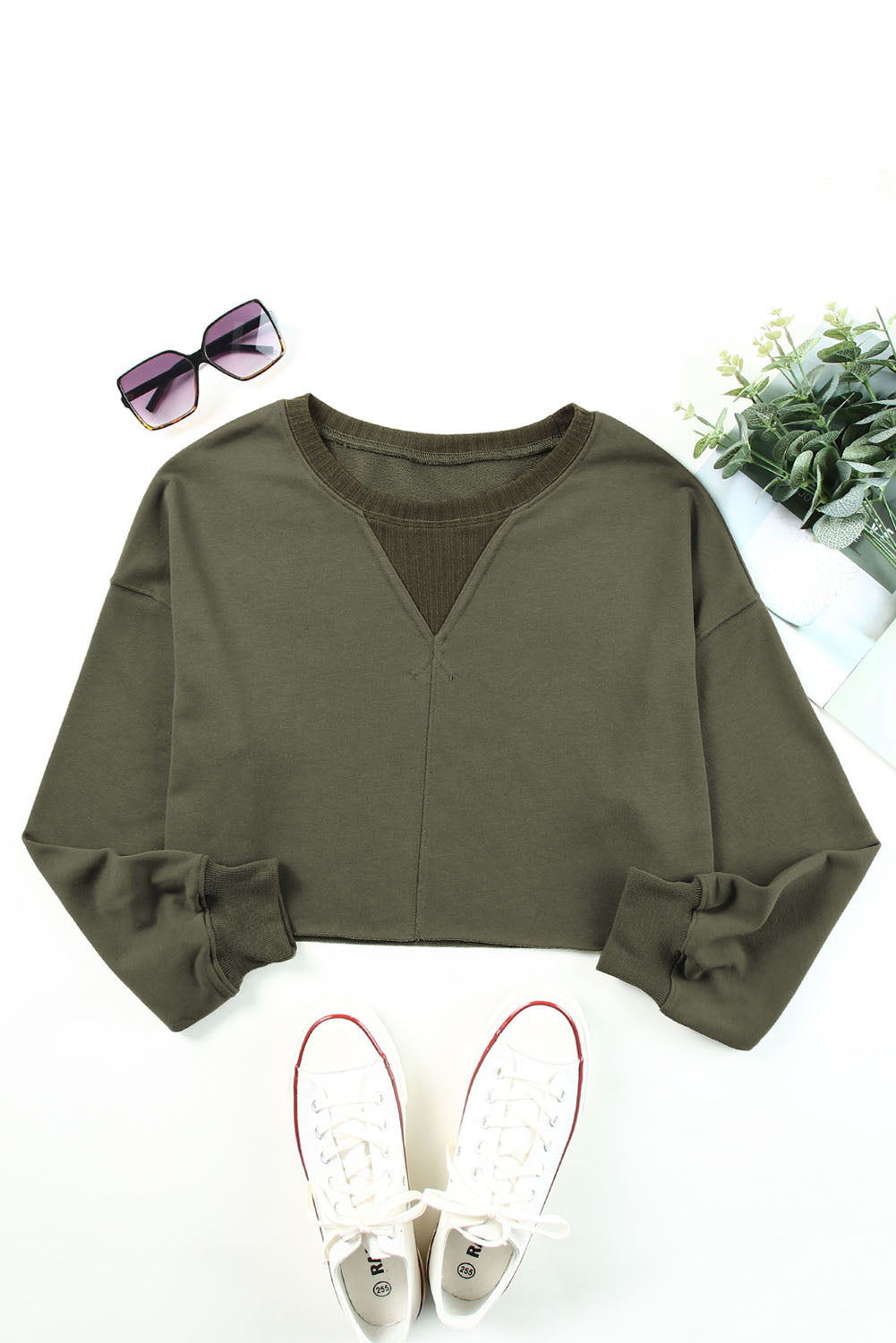 Green Casual Drop Shoulder Cropped Sweatshirt