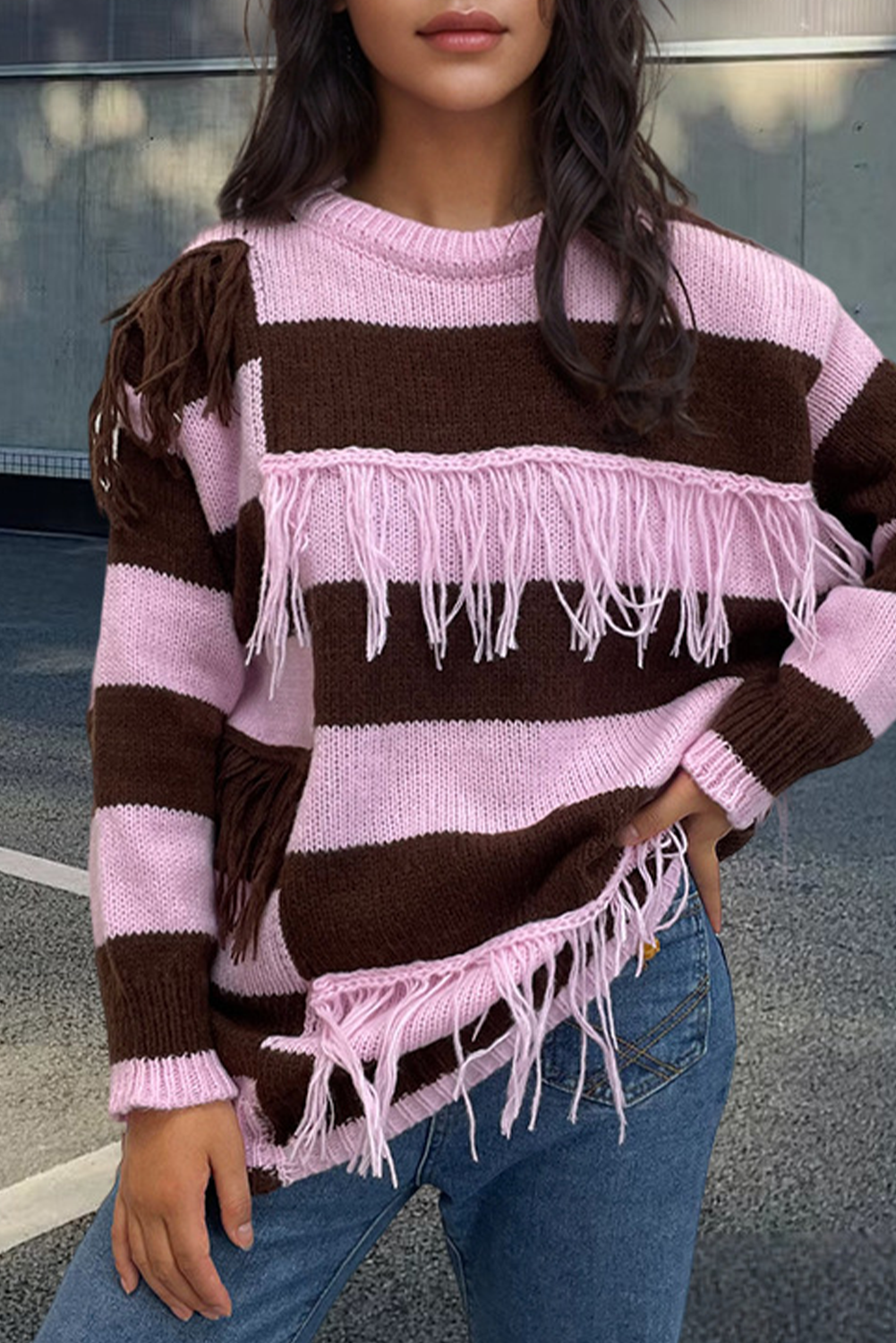 Pink Colorblock Fringe Detail Knit Sweater