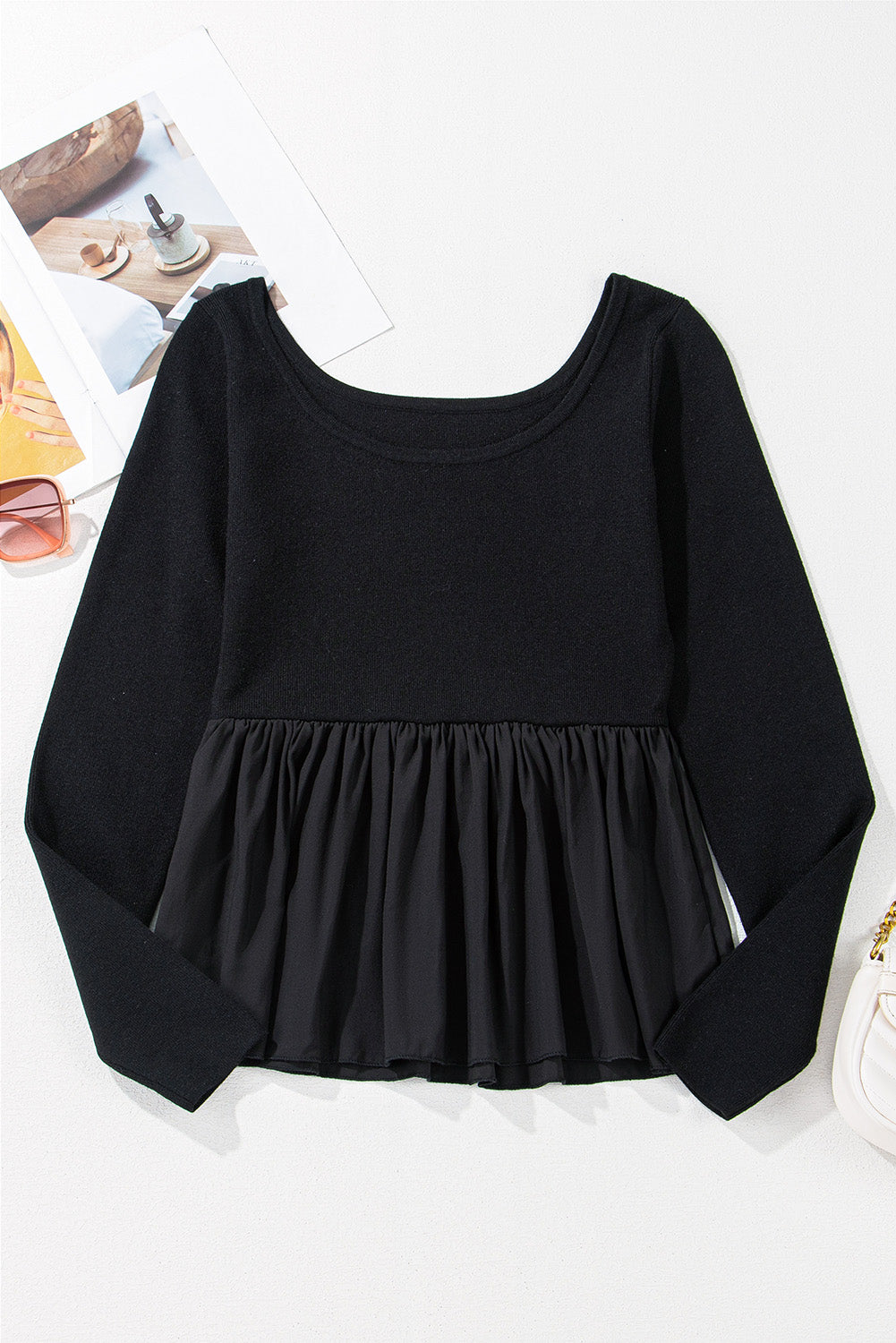 Black Pleated Hem Long Sleeve Ribbed Knit Top