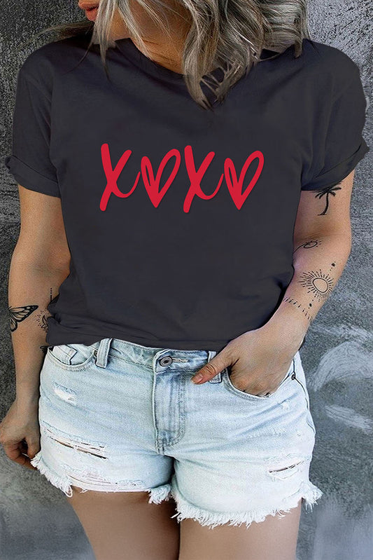 Black XOXO Heart Print Round Neck Graphic Plus Size T Shirt