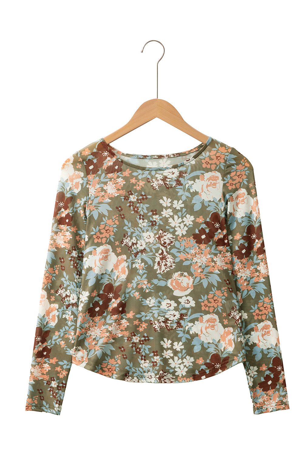 Black Allover Floral Print Mesh Long Sleeve Top