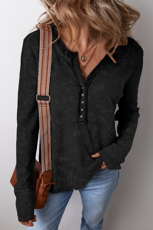 Black Button V Neck Waffle Henley Top