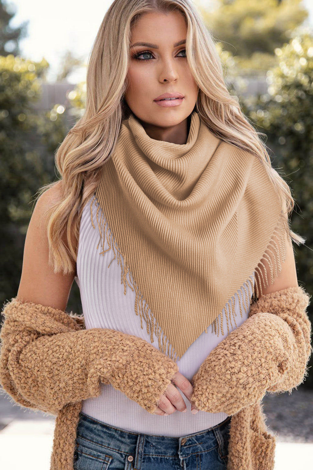 Khaki Bohemian Fringe Trim Textured Scarf