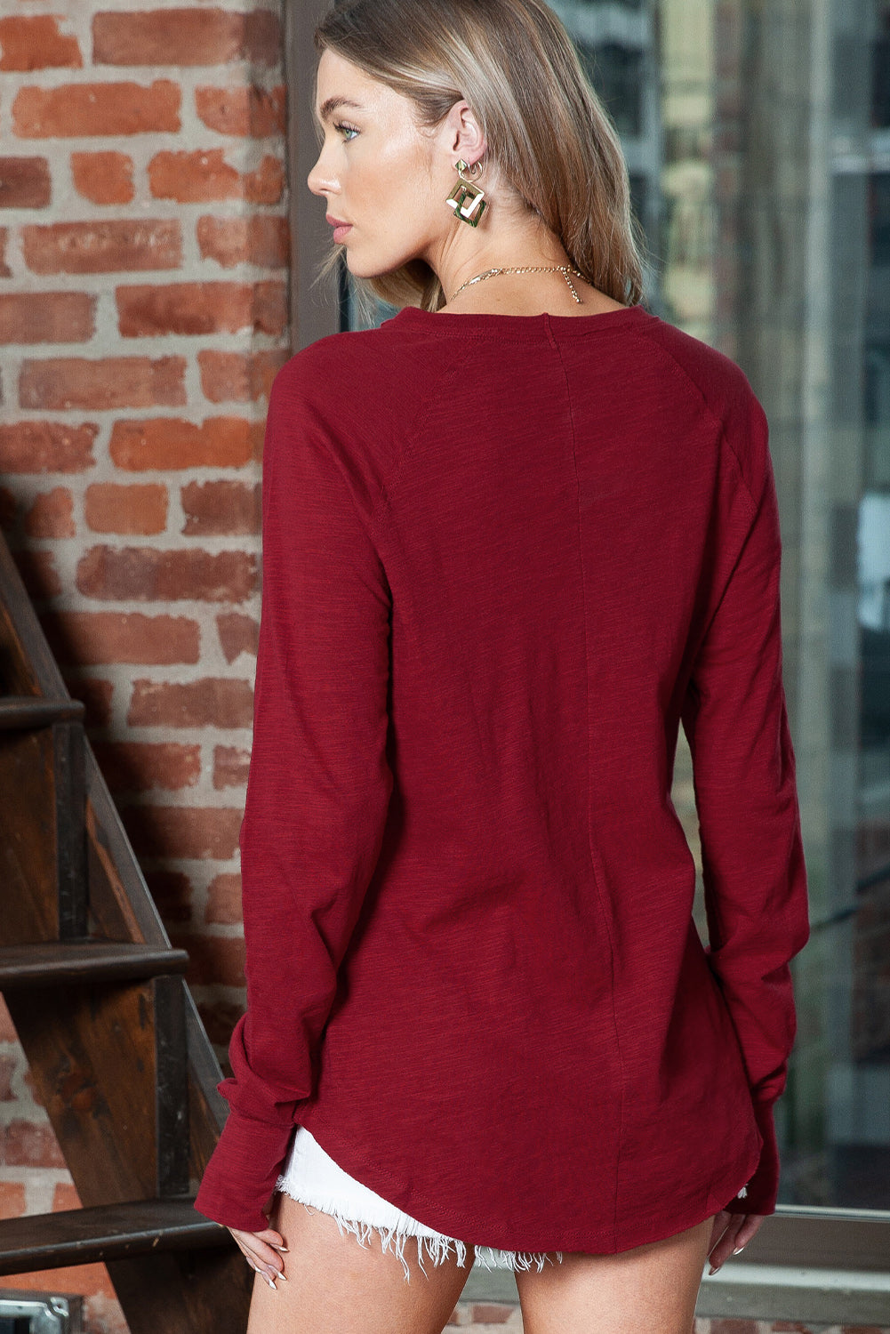 Green Plain Solid Casual Thumbhole Long Sleeve Top