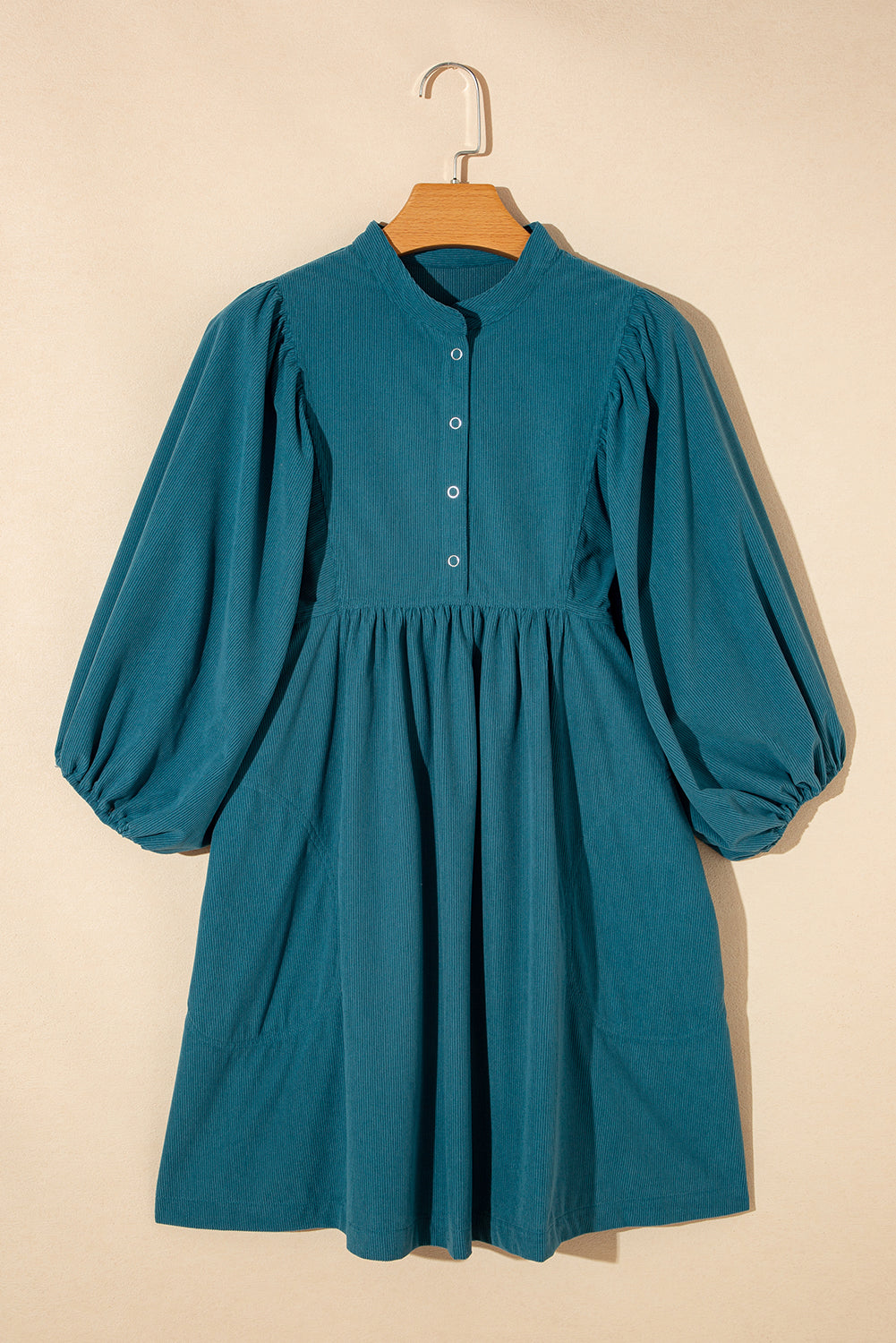 Vineyard Green Snap Button Empire Waist Lantern Sleeve Corduroy Dress