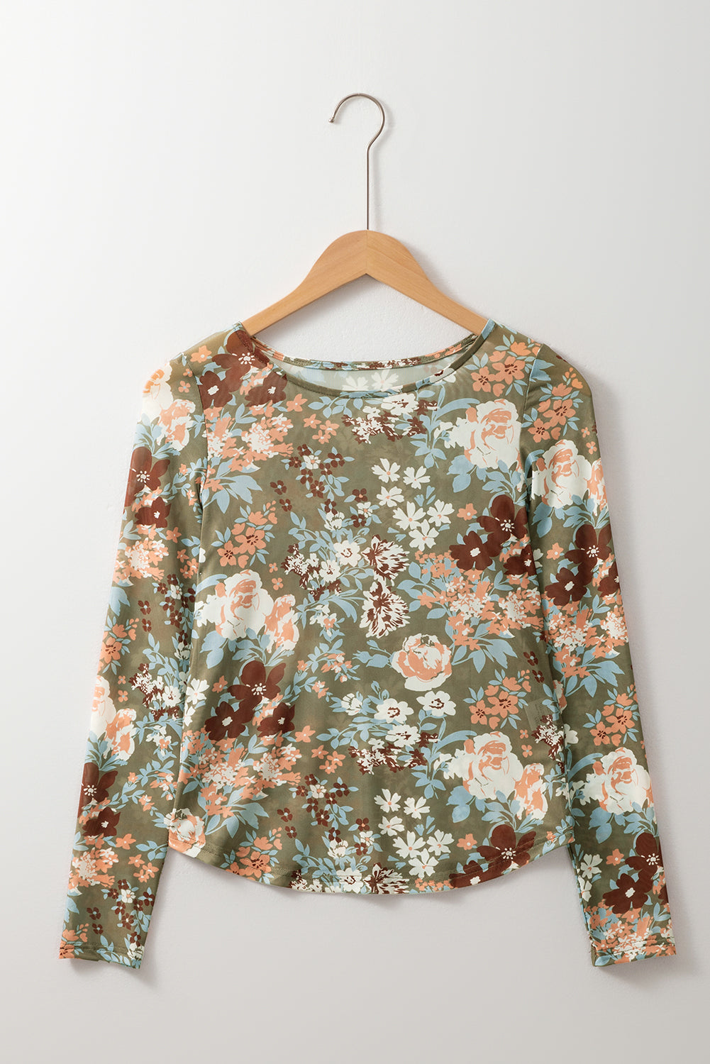 Black Allover Floral Print Mesh Long Sleeve Top