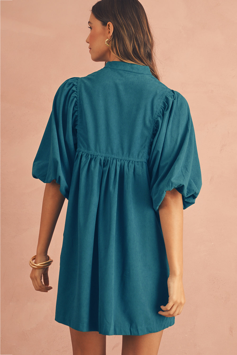 Vineyard Green Snap Button Empire Waist Lantern Sleeve Corduroy Dress