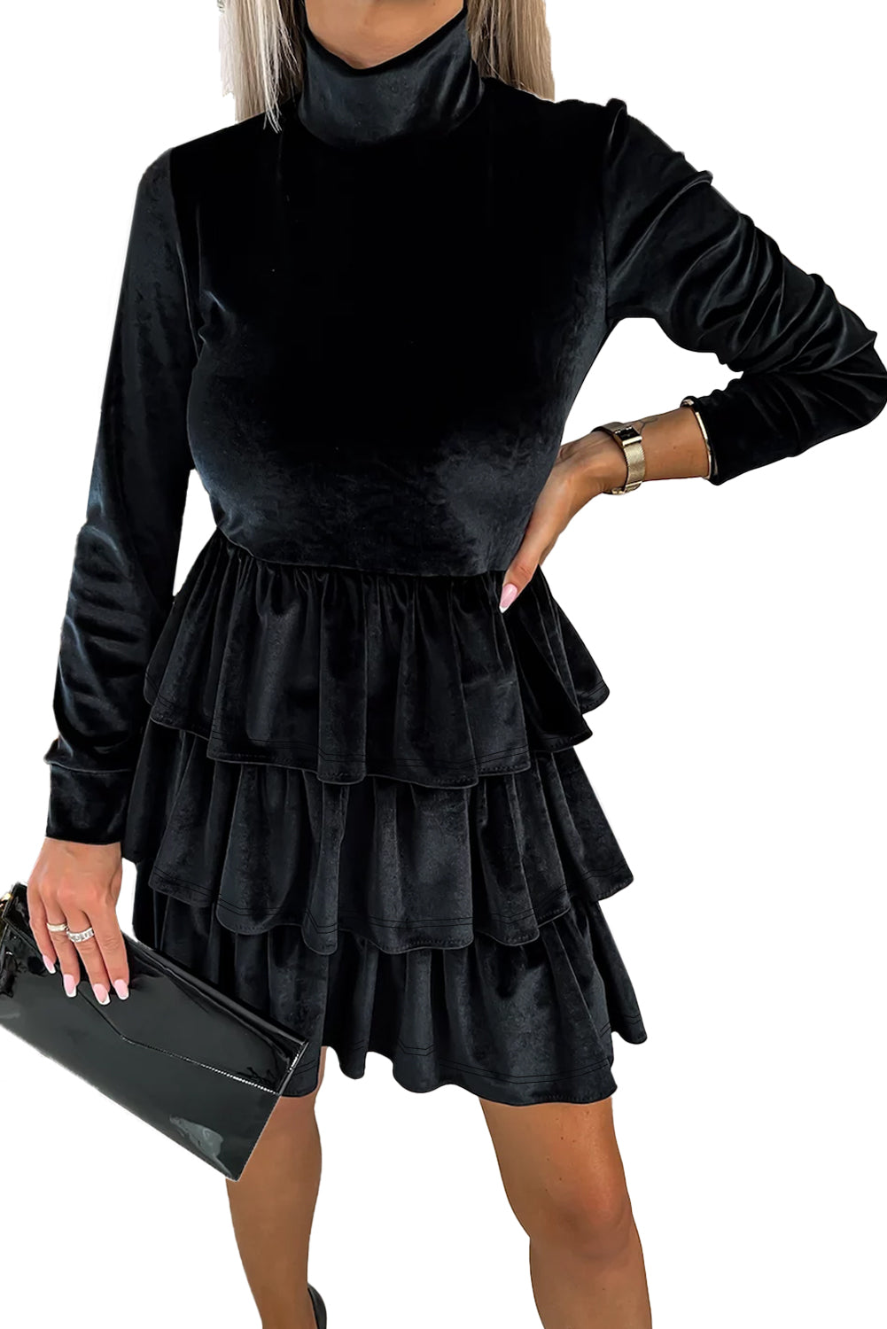 Black Velvet High Neck Tiered Ruffle Mini Dress