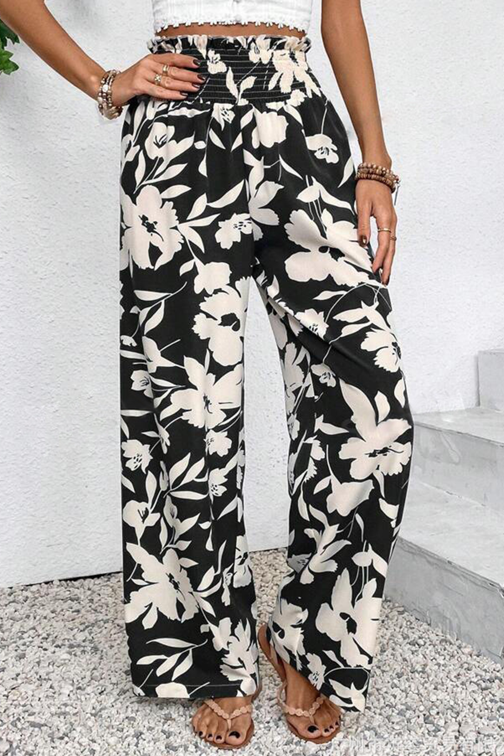 Black Floral Smocked Frill Waist Wide Leg Pants