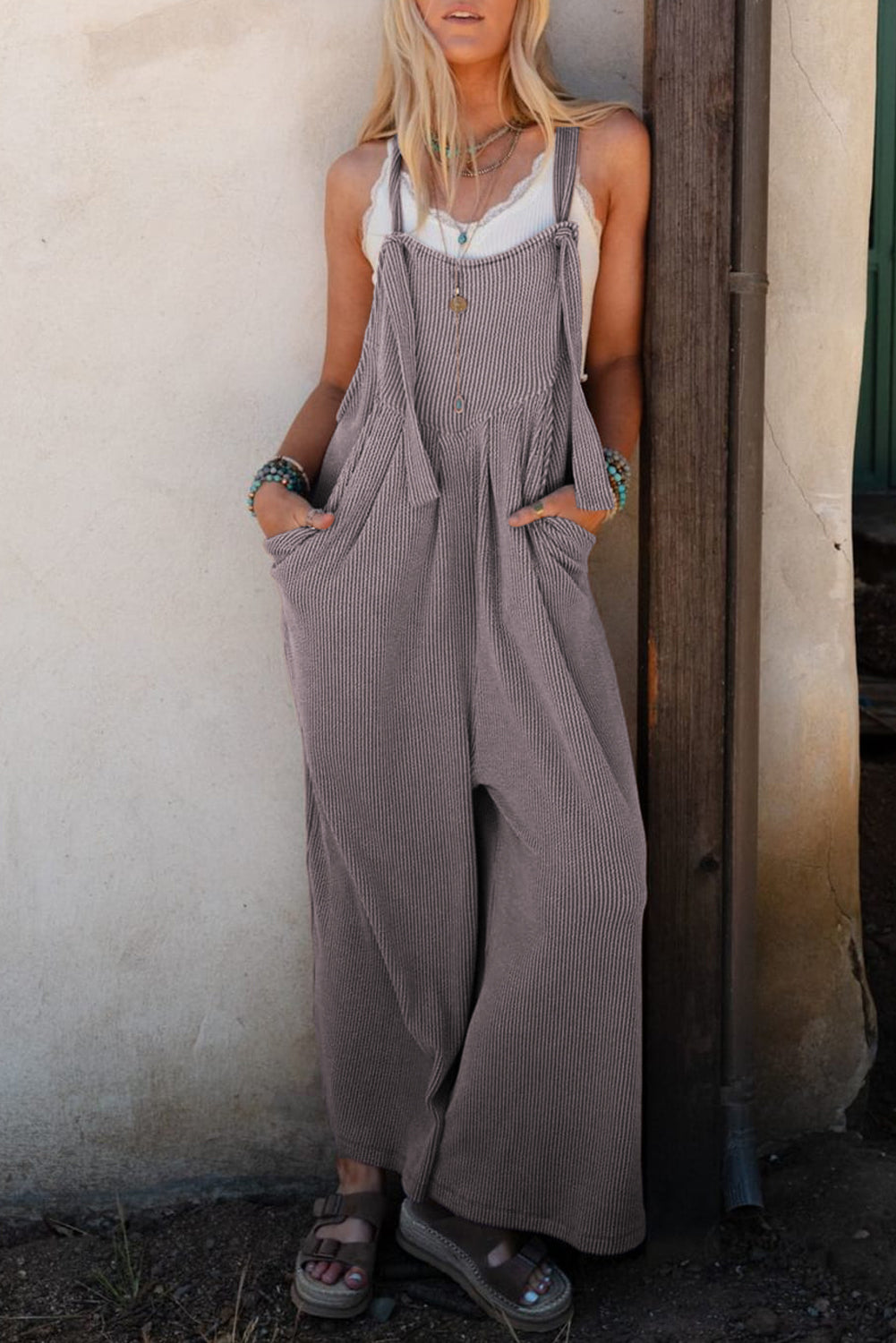 Philippine Gray Corded Solid Adjustable Straps Wide Leg Loose Jumpsuit