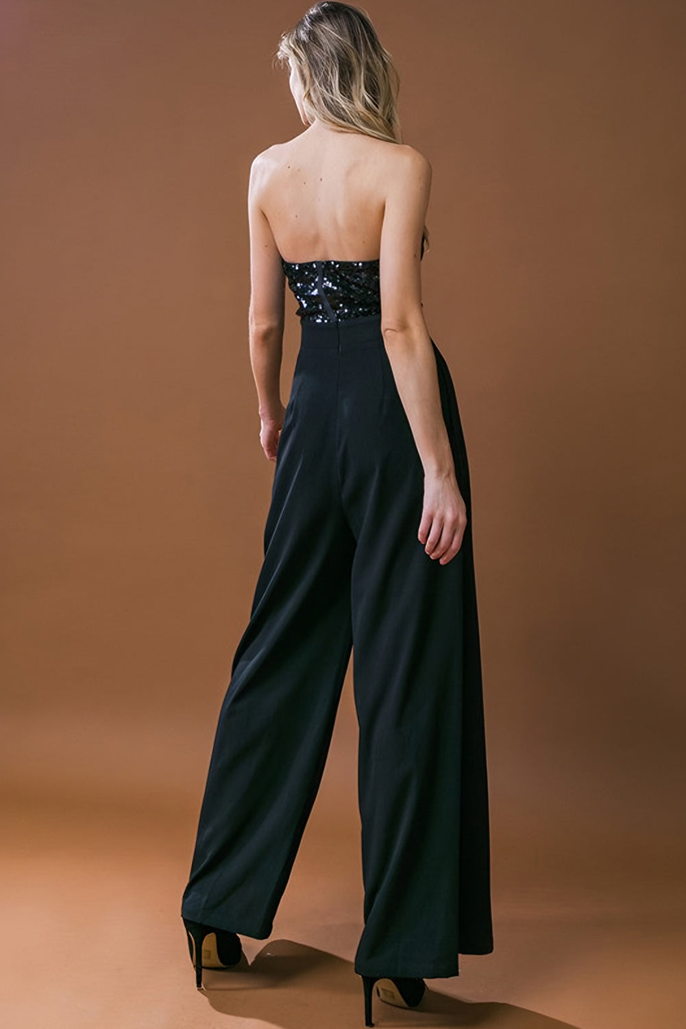 Black Sequin strapless Floor Length Wide Leg Jumpsuit