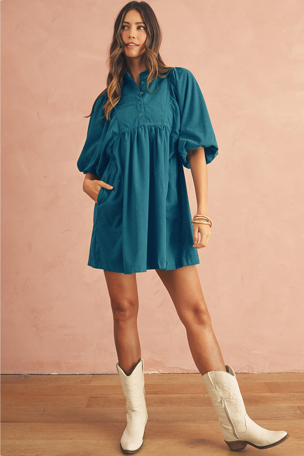 Vineyard Green Snap Button Empire Waist Lantern Sleeve Corduroy Dress