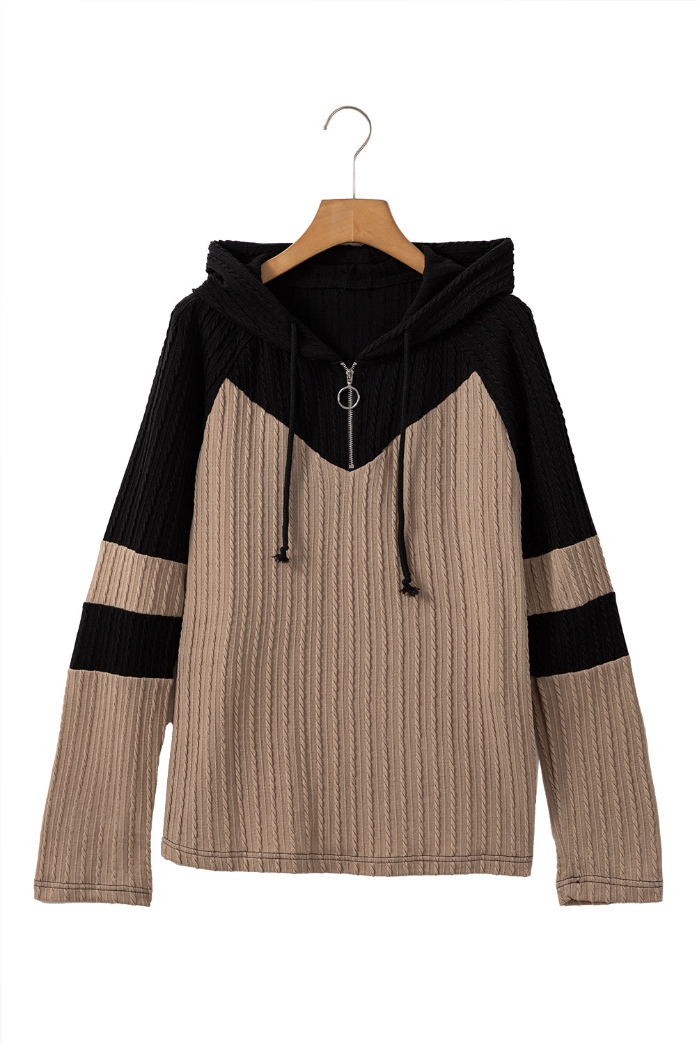 Parchment Textured Patchwork Long Sleeve Hooded Top