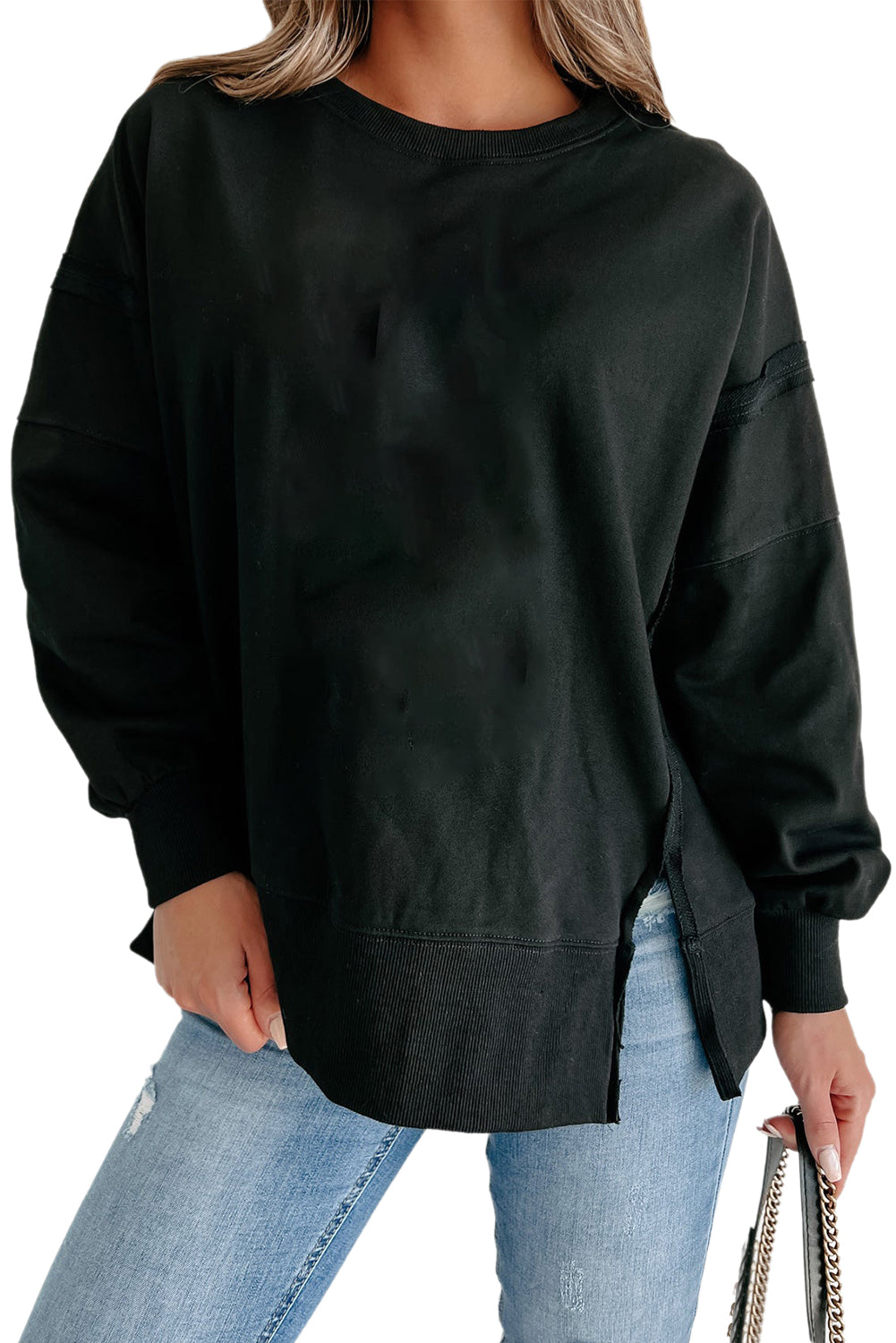 Black Exposed Seam Drop Shoulder Side Slit Sweatshirt