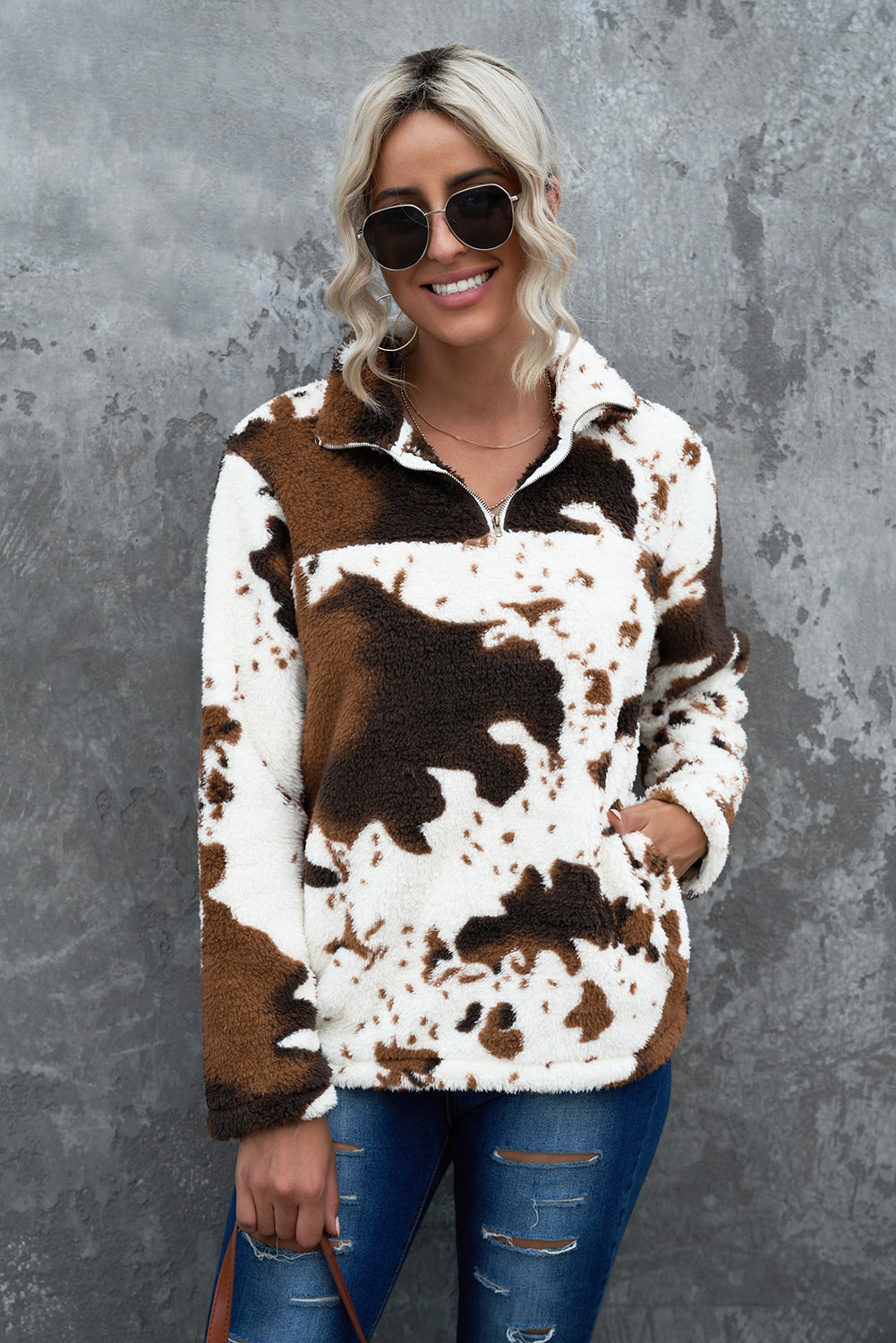 White Animal Print Zipper Collared Pocketed Sweatshirt