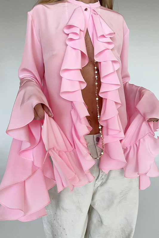 Pink Solid Color Ruffle Flared Long Sleeve Shirt