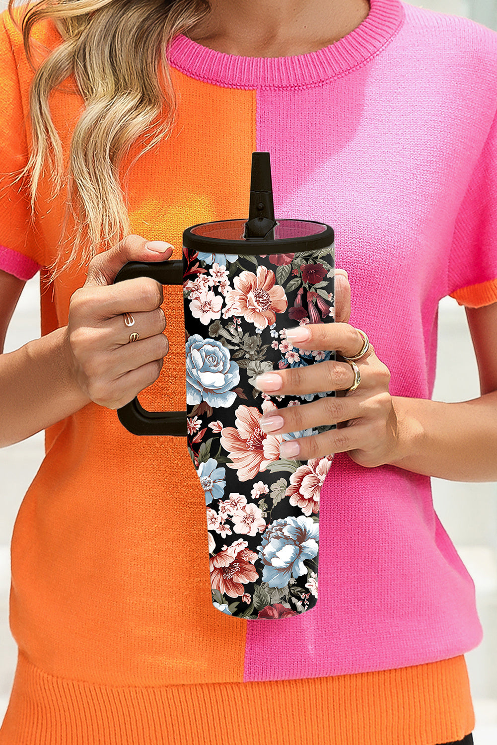 Black Boho Floral Tumbler Cup