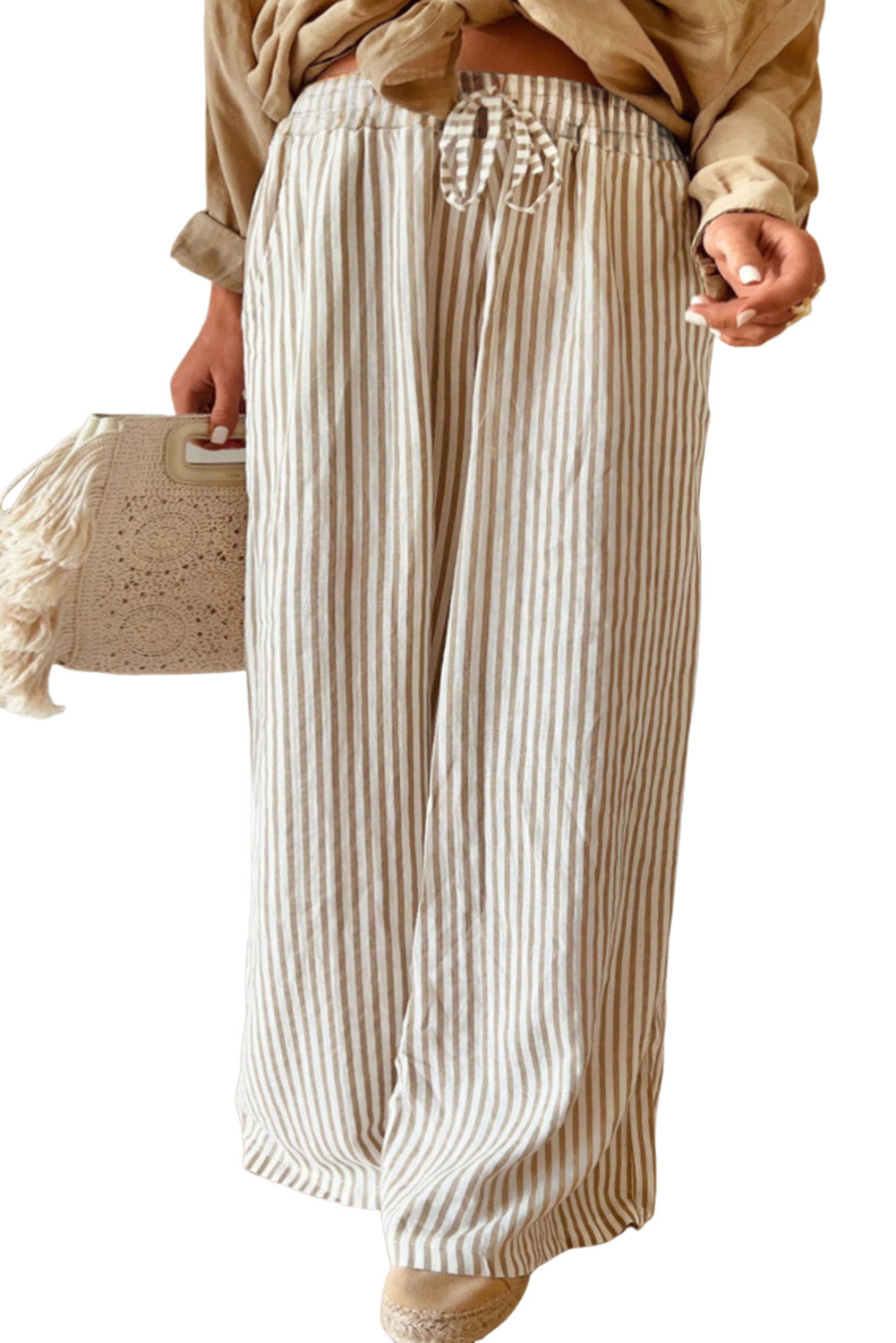 Khaki Striped Drawstring Waist Plus Size Wide Leg Pants