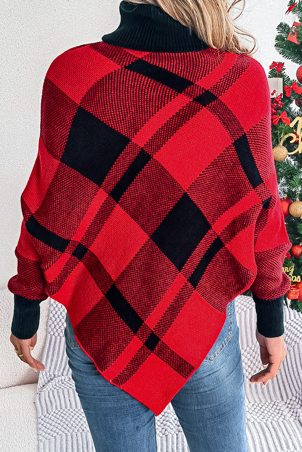 Racing Red Plaid Batwing Sleeve Turtle Neck Sweater