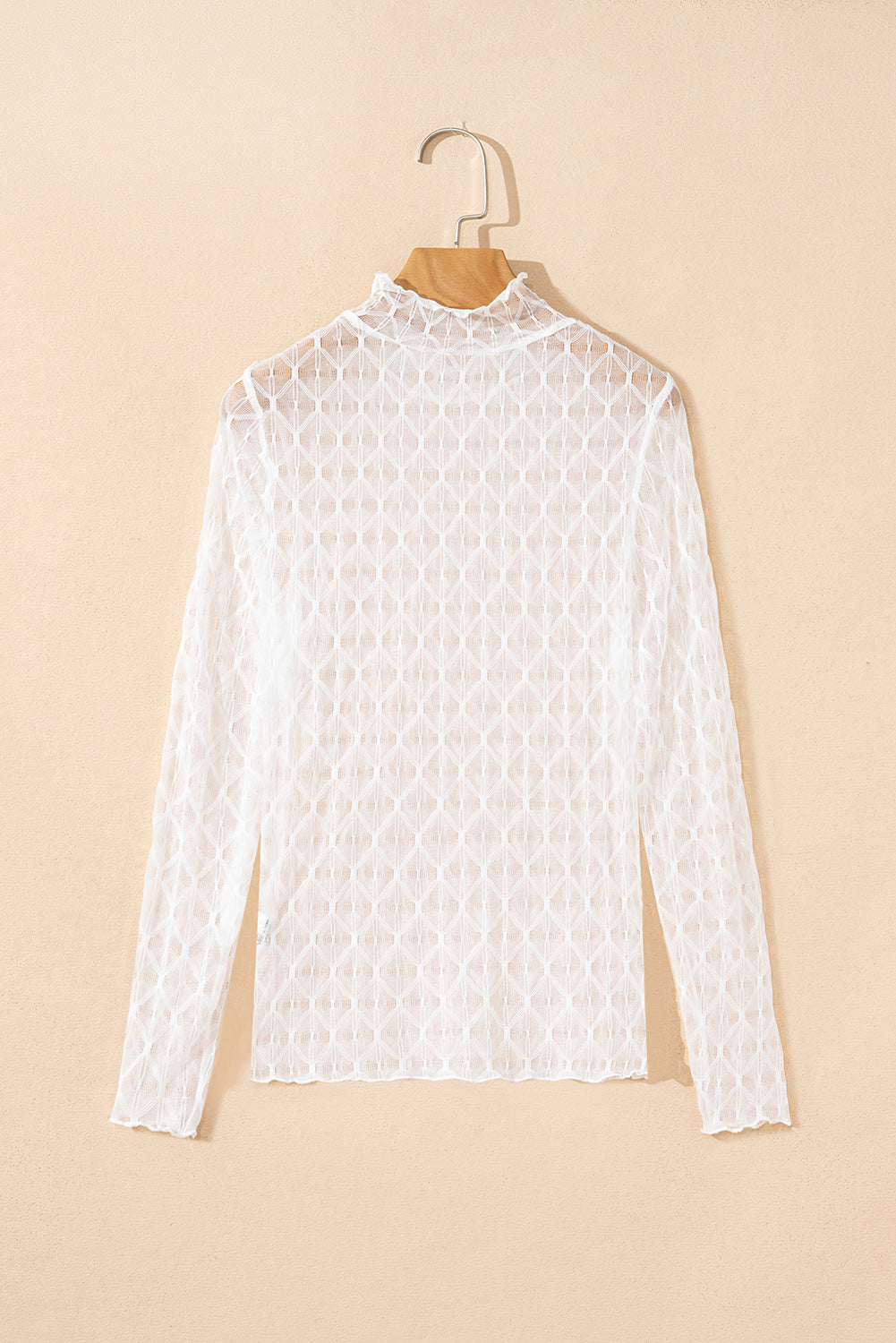 Coffee Sheer Mesh Lettuce Trim Slim Long Sleeve Top
