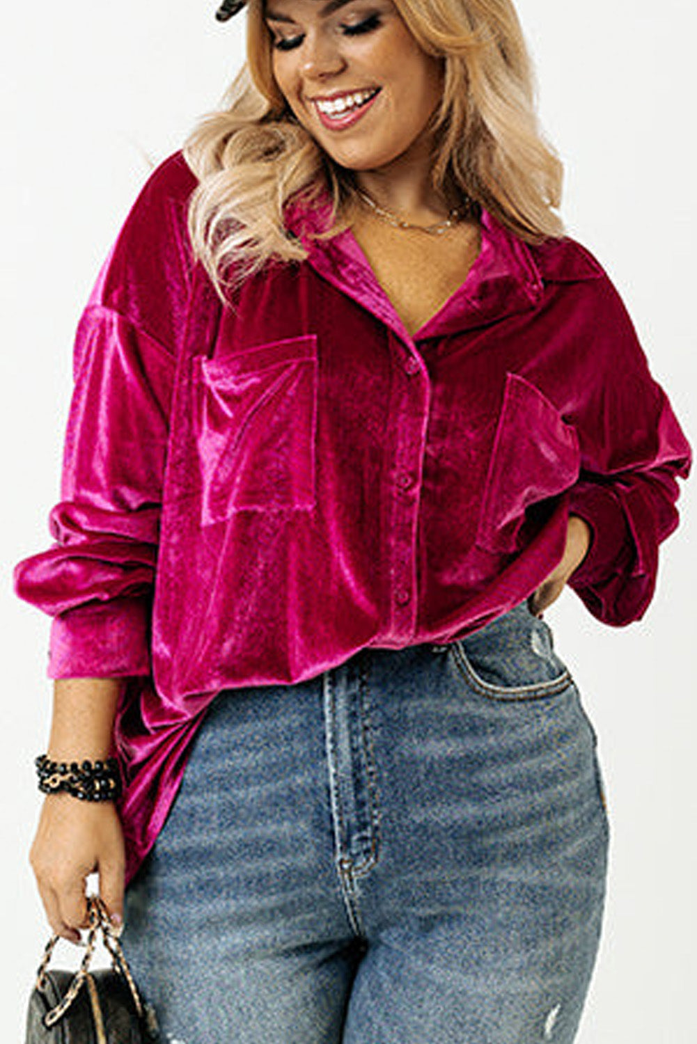 Chestnut Plus Size Velvet Chest Pocket Drop Shoulder Shirt