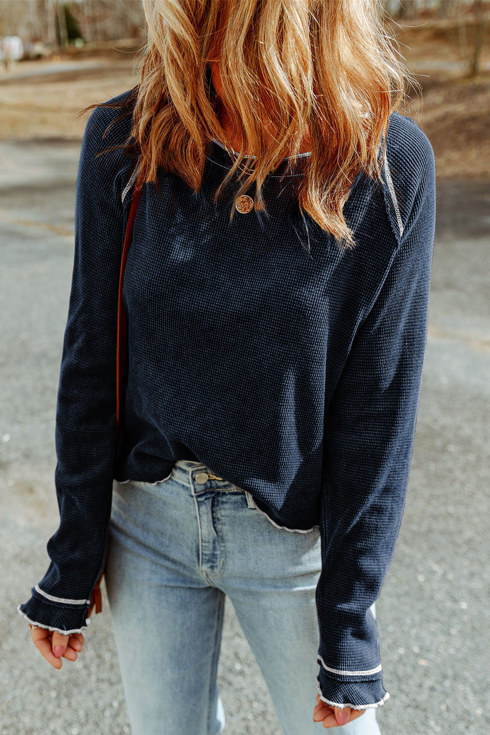 Black Textured Crewneck Long Sleeve Top