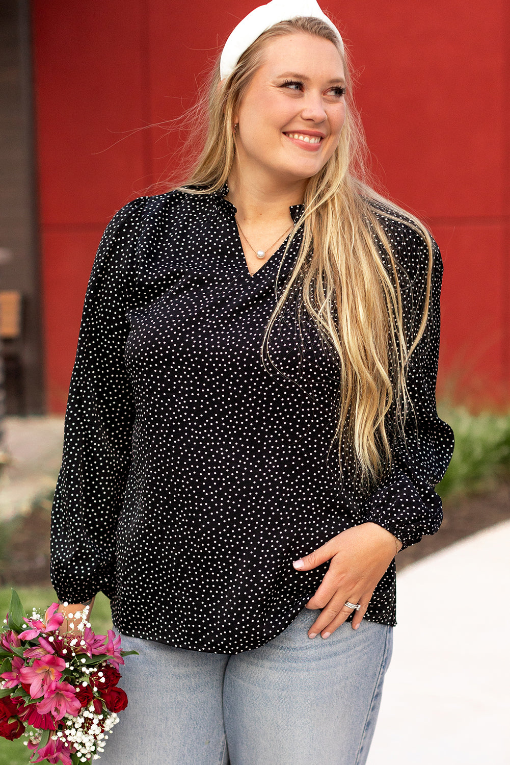 Black Plus Size Leopard Print Frill Notch V Neck Blouse