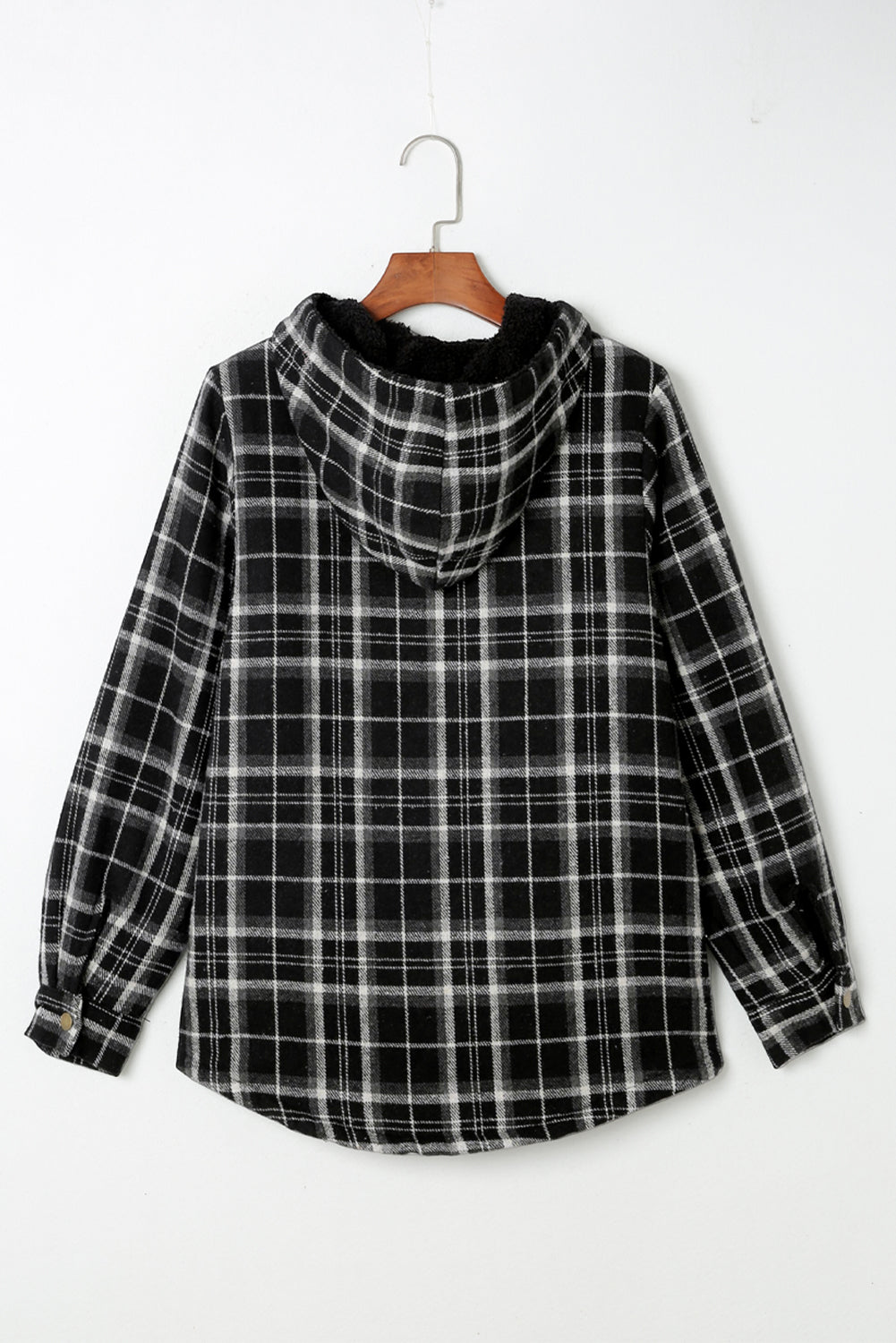 Black Snap Button Sherpa Lined Hooded Flannel Jacket