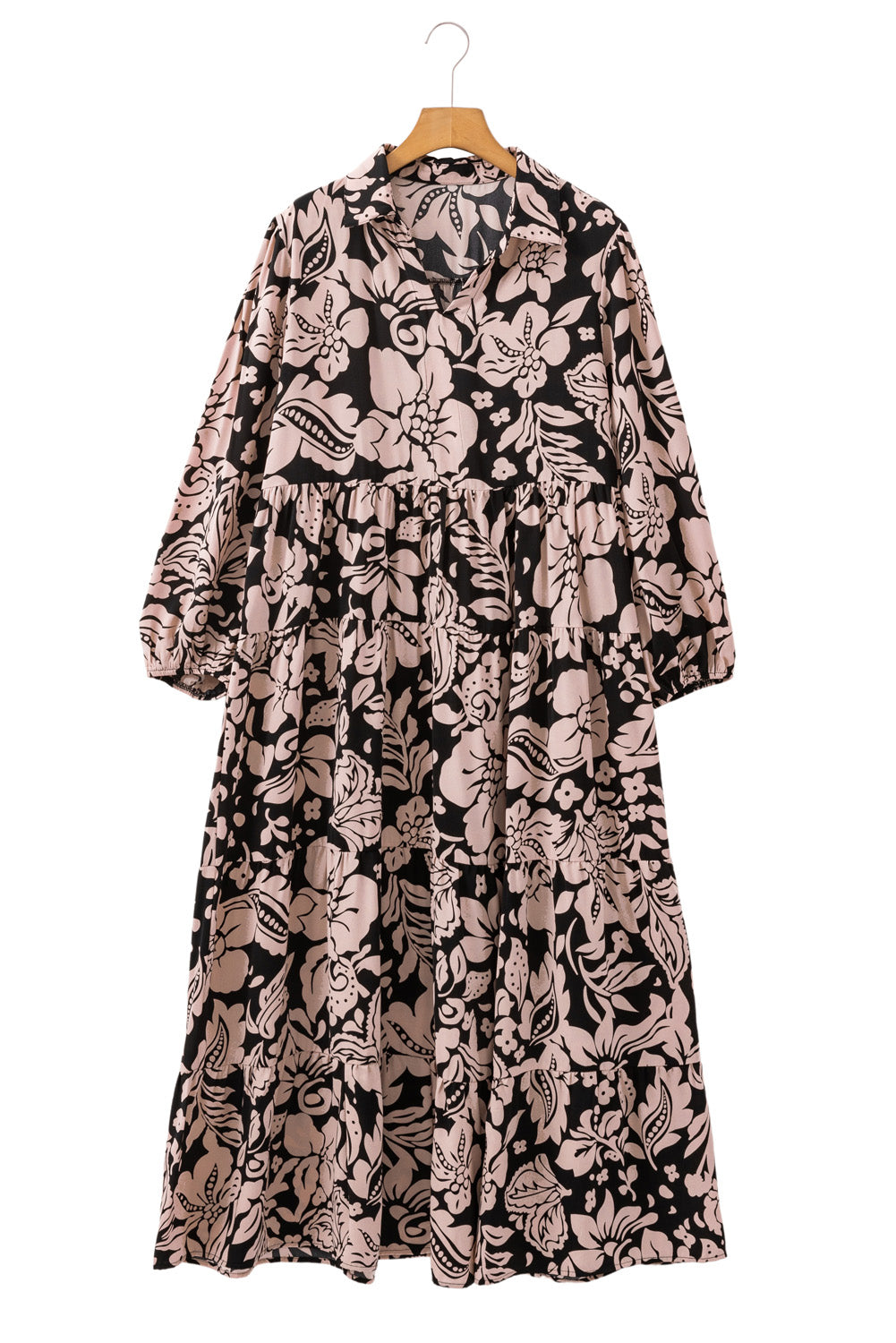 Black Floral Print Puff Sleeve Collared Plus Size Dress