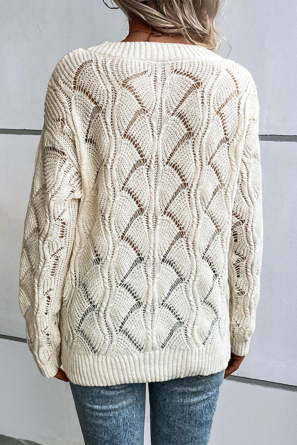 Beige Knit Hollow Out V Neck Drop Shoulder Sweater