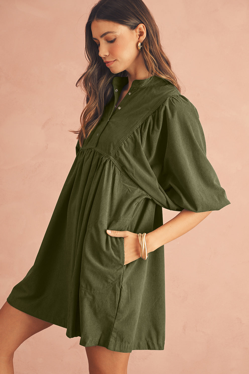 Vineyard Green Snap Button Empire Waist Lantern Sleeve Corduroy Dress